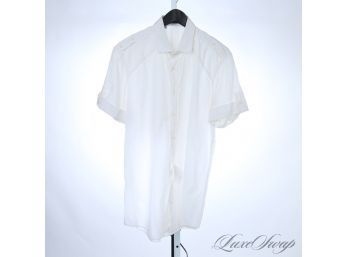 MENS TOP TIER DOLCE & GABBANA MADE IN ITALY SLIM FIT SOLID WHITE EPAULET SHOULDER SHORT SLEEVE CAMP SHIRT 17.5
