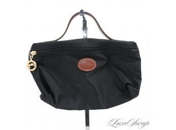 LOVE THE MINIS! AUTHENTIC LONGCHAMP MADE IN FRANCE MINI BLACK MICROFIBER BROWN HANDLE EVENING BAG