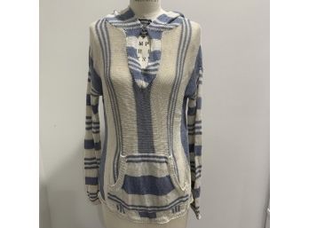 360Sweater Light Blue & White Linen Hooded Pullover Sweater XS