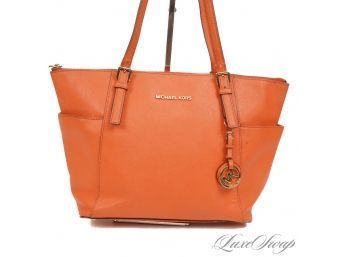 #20 YOU NEED THIS FOR HALLOWEEN! HIGH IMPACT MICHAEL KORS PUMPKIN ORANGE SAFFIANO LEATTHER TWO STRAP TOTE BAG