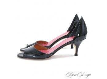 NEAR MINT PARTY PERFECT KATE SPADE MADE IN ITALY BLACK PATENT LEATHER KITTEN HEEL OPEN TOE SHOES 6