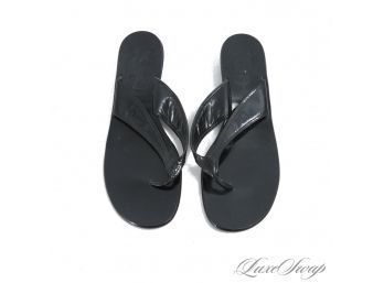 $400 YSL YVES SAINT LAURENT BLACK HIGH POLISH LEATHER TOE THONG SMALL WEDGE SANDALS MADE IN ITALY 8.5