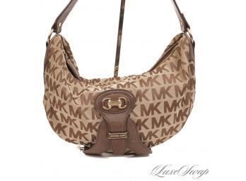#19 THE ESSENTIALS : MICHAEL KORS BROWN MONOGRAM CANVAS AND BROWN LEATHER TRIM ALLOVER MK SADDLE BAG