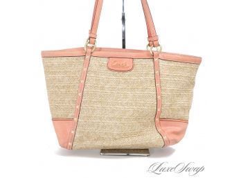 #13 VACATIONS IN THE TROPICS! COACH NATURAL STRAW TWINE AND MELON PATENT LEATHER LARGE 16' TOTE BAG