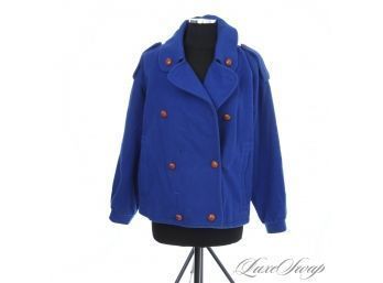 THIS COLORRRR! TALBOTS MADE IN USA ROYAL BRIGHT BLUE HERITAGE FLANNEL DOUBLE BREASTED COAT 12