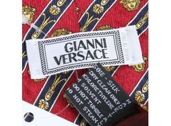 #5 ICONIC VINTAGE GIANNI VERSACE MADE IN ITALY MENS SILK TIE RED SATIN WITH NEOCLASSIC STRIPE AND GOLD MEDUSA