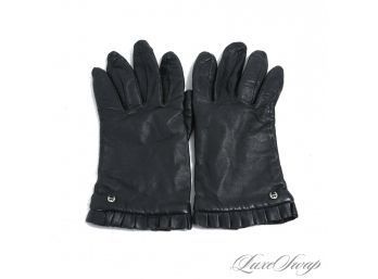 LOVELY! ETIENNE AIGNER WOMENS BLACK NAPPA LEATHER 100 PERCENT CASHMERE LINED RUFFLED TOP WINTER GLOVES M
