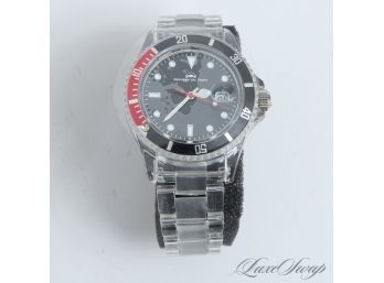 #1 BRAND NEW IN BOX DESIGNER DEL TEMPO CLEAR STRAP AND BLACK DIAL / RED BEZEL SUBMARINER STYLE QUARTZ WATCH