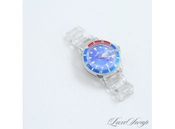 #4 BRAND NEW IN BOX DESIGNER DEL TEMPO CLEAR STRAP AND BLUE DIAL / RED BEZEL SUBMARINER STYLE QUARTZ WATCH