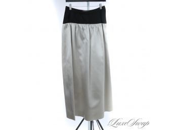 THE BELLE OF THE BALL! VINTAGE ADOLFO TAHITIAN PEARL GREY SATIN AND BLACK BANDED WAIST LONG BALL SKIRT