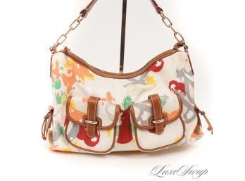 #29 LOVE THIS ONE! DOONEY AND BOURKE IVORY HOPSACK CANVAS SPLATTER PAINTED TWO POCKET ZIP TOP BAG