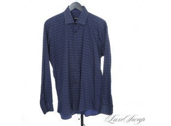 NIGHT OUT ON THE TOWN? DONE!! MENS JARED LANG DEEP OCEAN BLUE SPOTTED STATIC CHEVRON WAVE DRESS SHIRT L