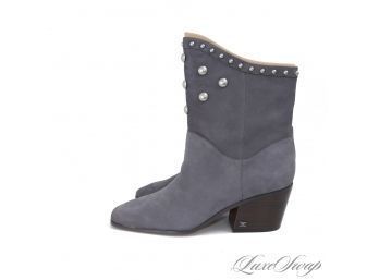 BRAND NEW IN BOX AND CURRENT SAM EDELMAN 'BRIE' ELEPHANT GREY SUEDE WESTERN BOOTS WITH SILVER STUDS 10