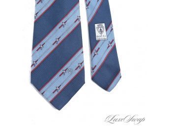 THE ONE EVERYONE WANTS! VINTAGE GUCCI MADE IN ITALY MENS SILK TIE IN BLUE WITH HORSE WHIP REPP STRIPE