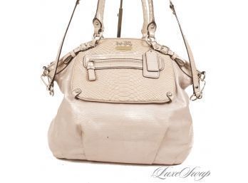 #44 A HUGE AND AWESOME COACH METALLIC PEARLESCENT FINISH PALE TAUPE LIZARD PRINT HUGE 17' SLOUCHY BAG  STRAP