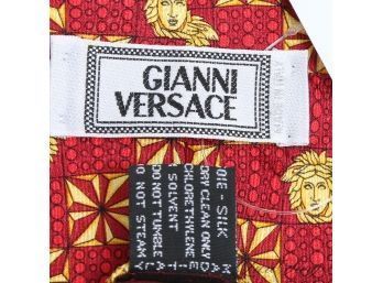 #7 ICONIC VINTAGE GIANNI VERSACE MADE IN ITALY MENS SILK TIE IN RED WITH GOLD MEDUSA AND BAROQUE V-TIP