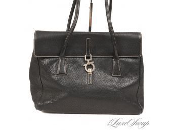 #40 A HUGE AND $2000 SALVATORE FERRAGAMO MADE IN ITALY BLACK PECCARY LEATHER SILVER GANCINI LOCK 15' BAG