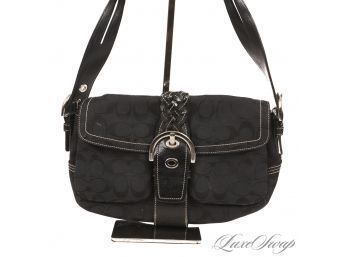 #12 A GORGEOUS AND TIMELESS COACH BLACK JACQUARD MONOGRAM CANVAS AND BRAIDED LEATHER STRAP 12' FLAP BAG