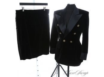 BEYOND STUNNING AND NEW YEARS PERFECT ESCADA BLACK VELVET SATIN LAPEL DOUBLE BREASTED 3 PIECE SKIRT SUIT 38