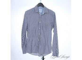 NOT YOUR GRANDFATHERS LACOSTE : RECENT MENS LACOSTE WHITE AND ANTHRACITE WIDE BENGAL STRIPE DRESS SHIRT 40