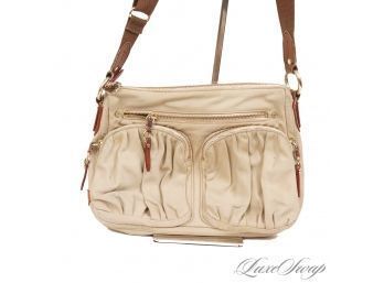 #34 PERFECT DAILY DRIVER! MZ WALLACE NATURAL SAND MICROFIBER AND BROWN LEATHER TRIM CROSSBODY BAG