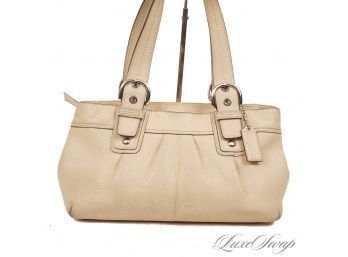 #46 AN EGGSHELL / OFF WHITE SOFT SLOUCHY TUMBLED LEATHER COACH BAG WITH SCRIPT EMBOSSED LOGO AND DOUBLE STRAP