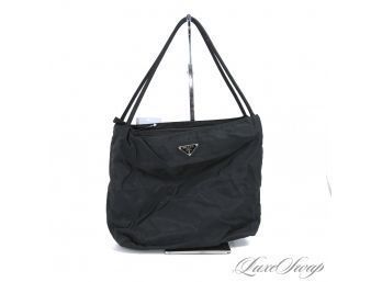 THE ONE EVERYONE WANTS! AUTHENTIC PRADA MADE IN ITALY BLACK MICROFIBER PYRAMID PLAQUE LOGO 13' BAG