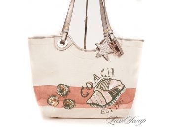 #47 ETERNAL SUMMER! COACH NATURAL SAND PIQUE CANVAS WITH SEASHELL AND BEACH SHELL WATERCOLOR PRINT HUGE 17'