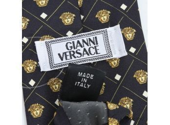 #4 ICONIC VINTAGE GIANNI VERSACE MADE IN ITALY MENS SILK TIE IN DARK NAVY LATTICE GRID WITH GOLD MEDUSA