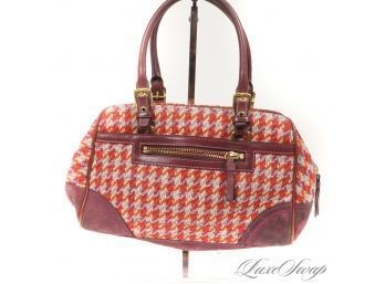 #8 ABSOLUTELY ADORABLE AUTHENTIC COACH ORANGE RED MULTI HOUNDSTOOTH TWEED PLUM SUEDE TRIM 13' BAG