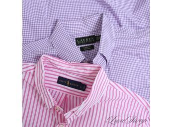 LOT OF 2 MODERN AND RECENT MENS RALPH LAUREN PINK AND WHITE STRIPE AND PURPLE GINGHAM DRESS SHIRT L / 15.5