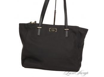 #27 A HUGE AND PERFECT DAILY CARRY ALL TIME ESSENTIAL KATE SPADE SOLID BLACK MICROFIBER ZIP TOP 18' TOTE BAG
