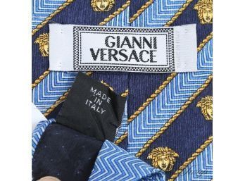 #3 ICONIC VINTAGE GIANNI VERSACE MADE IN ITALY MENS SILK TIE IN DOUBLE BLUE ACANTHUS STRIPE AND GOLD MEDUSA