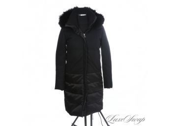 ABSOLUTELY KILLER NEAR MINT THEORY BLACK DUVET GOOSE DOWN FILLED COYOTE FUR TRIMMED LONG PARKA COAT P/TP
