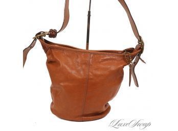 #7 ALL TIME CLASSIC! COACH SOLID LUGGAGE TAN SOFT LEATHER ZIP TOP BRASS RING CROSSBODY BAG