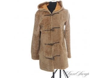 IVE NEVER SEEN ONE LIKE THIS! VINTAGE ANDREW MARC GENUINE SHEARLING UNLINED LEATHER FUR HOODED DUFFLE COAT XS