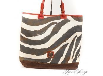 #18 THIS ONE IS WILD! DOONEY & BOURKE BLACK AND WHITE ZEBRA PRINT CANVAS RED LEATHER TRIM LARGE 17' TOTE BAG