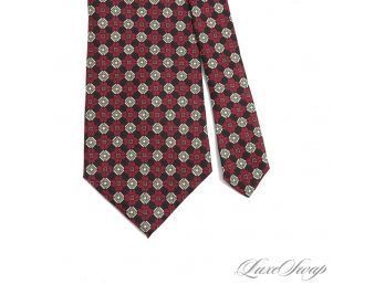 #1 BRAND NEW WITH TAGS AUTHENTIC BURBERRY MENS SILK TIE IN CRIMSON RED AND KHAKI GEOMETRIC DIAMONDS