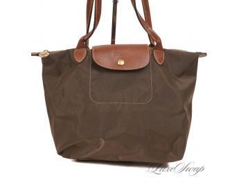 #32 AUTHENTIC LONGCHAMP MADE IN FRANCE MID SIZE MOCHA BROWN 'LE PLIAGES'  MICROFIBER COLLAPSIBLE TOTE BAG