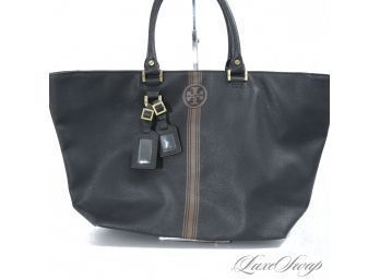 HELLO GORGEOUS! TORY BURCH HUGE 20' BLACK GRAINED LEATHER TOTE BAG WITH BROWN RACE STRIPE
