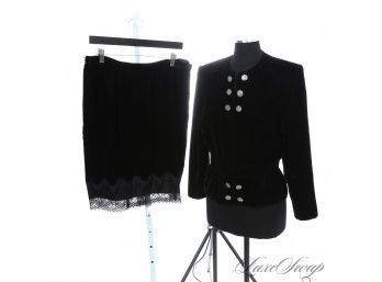 ANOTHER HOLIDAY WINNER! VINTAGE VALENTINO MADE IN ITALY BLACK CRUSHED VELVET CRYSTAL BUTTON 2 PC SKIRT SUIT 48