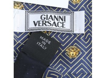 #2 ICONIC VINTAGE GIANNI VERSACE MADE IN ITALY MENS SILK TIE IN OCEAN BLUE SATIN WITH GREEK KEY AND MEDUSA