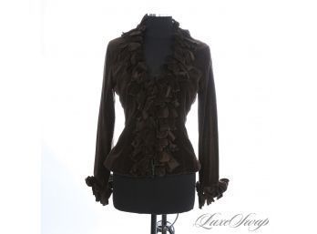 INSANE DETAILS ON THIS! ANNE FONTAINE MADE IN FRANCE BROWN VELVET ORNATE RUFFLE BOW LACE BACK ZIP JACKET 42