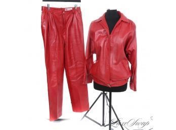 OMG : THAT RED LEATHER, THAT RICK JAMES! ORTOR MADE IN ENGLAND FULL 100 PERCENT LEATHER TWO PIECE SUIT WOW!!