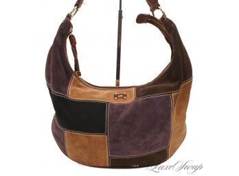 #4 WINTER PERFECT AND SUPER LUXE MICHAEL KORS SOFT SUEDE BROWN PURPLE MULTI PATCHWORK LARGE 18' HOBO BAG