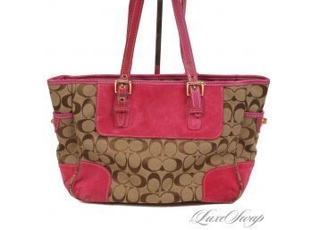 #19 SUCH A STRIKING COMBINATION! COACH BROWN MONOGRAM JACQUARD CANVAS AND PUNK SUEDE TRIM ZIP TOP TOTE BAG