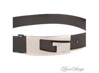 THE ONE EVERYONE WANTS! AUTHENTIC GUCCI MADE IN ITALY BLACK LEATHER SILVER G MONOGRAM BUCKLE WOMENS BELT 28