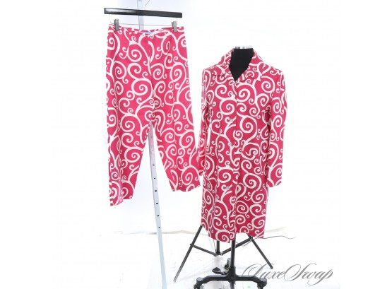 STRAIGHT UP AWESOME J. MCLAUGHLIN MADE IN USA RASPBERRY PINK WHITE SCROLLWORK 2 PIECE JACKET / PANT SUIT 8