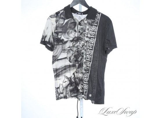 ICONIC ICONIC VERSACE COLLECTION CHARCOAL GREY GREEK KEY AND BAROCCO WATERCOLOR POLO SHIRT XS