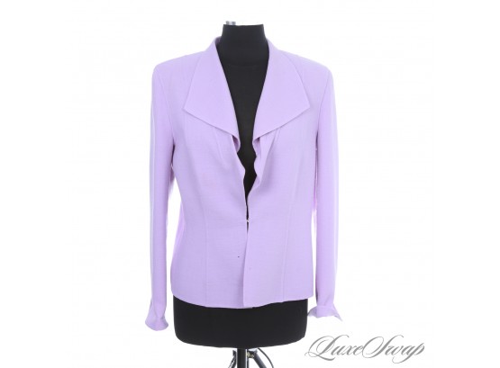 NEAR MINT ESCADA MADE IN ITALY LILAC LAVENDER CREPE WOOL UNLINED RUFFLED FRONT BUTTONLESS JACKET 40 EU